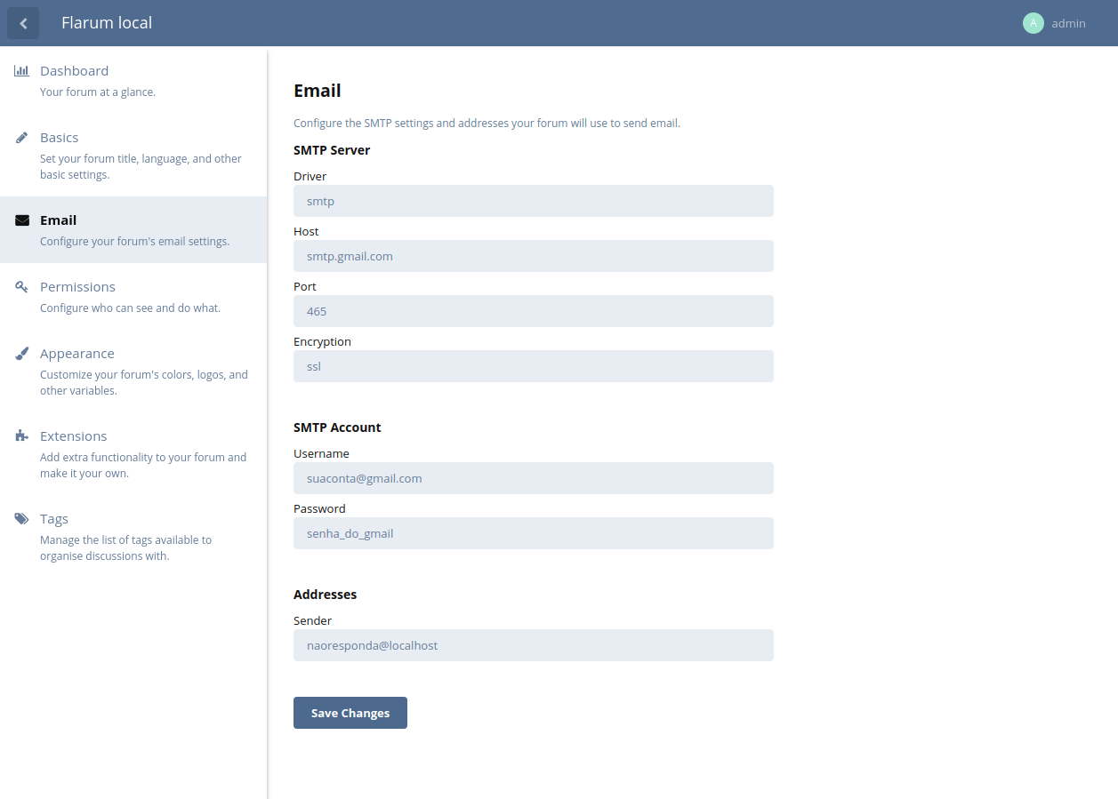 Configuração de envio de e-mails
